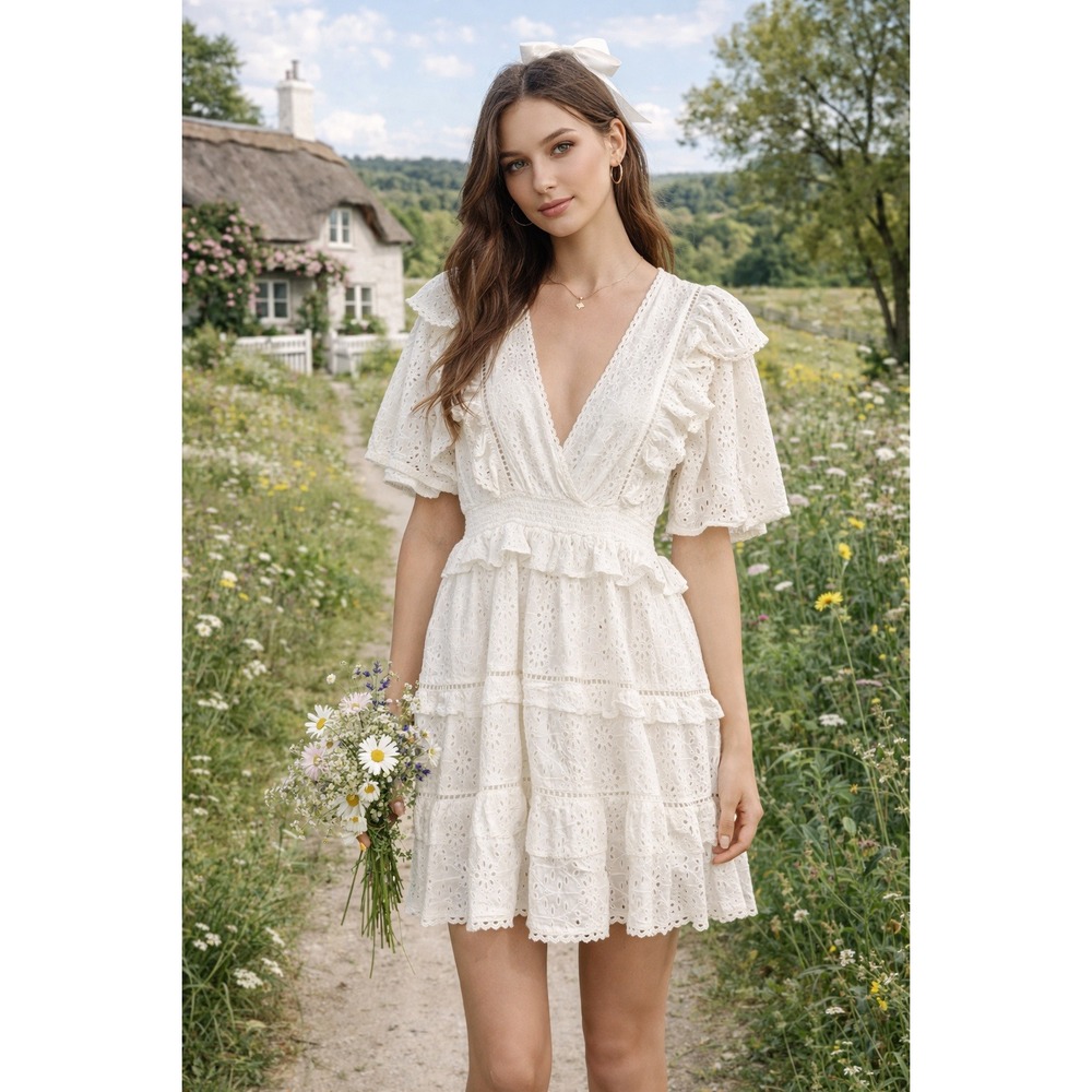 Miss Selfridge Dress Women 12 Cream Eyelet Tiered Ruffle Boho Feminine Cottage